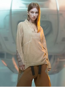 Autumn Space Collar Back Reflective Logo Three-Dimensional Tailoring Slim Fit Dyed Washed Cyberpunk Long Sleeves T-shirt