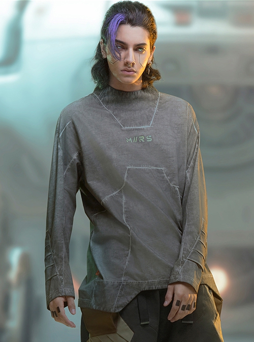 Autumn Space Collar Back Reflective Logo Three-Dimensional Tailoring Slim Fit Dyed Washed Cyberpunk Long Sleeves T-shirt