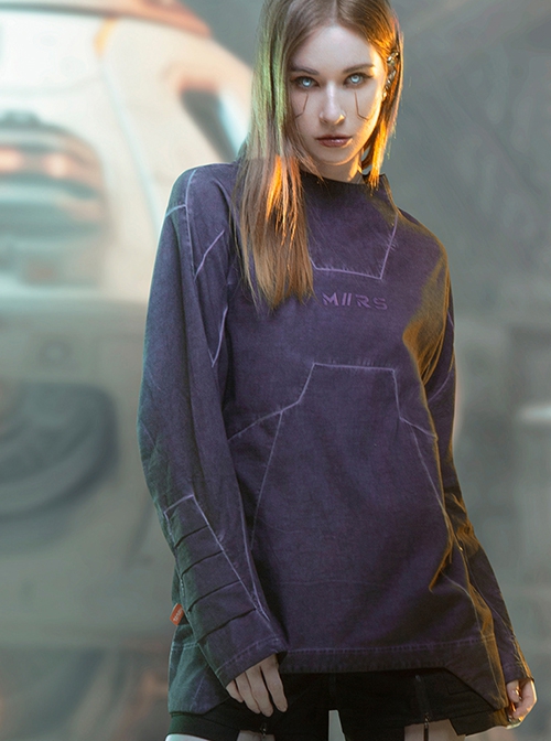Autumn Space Collar Back Reflective Logo Three-Dimensional Tailoring Slim Fit Dyed Washed Cyberpunk Long Sleeves T-shirt