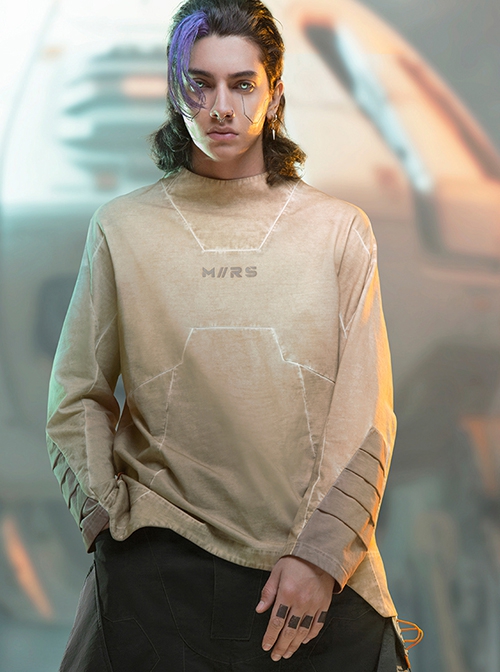 Autumn Space Collar Back Reflective Logo Three-Dimensional Tailoring Slim Fit Dyed Washed Cyberpunk Long Sleeves T-shirt