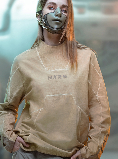 Autumn Space Collar Back Reflective Logo Three-Dimensional Tailoring Slim Fit Dyed Washed Cyberpunk Long Sleeves T-shirt