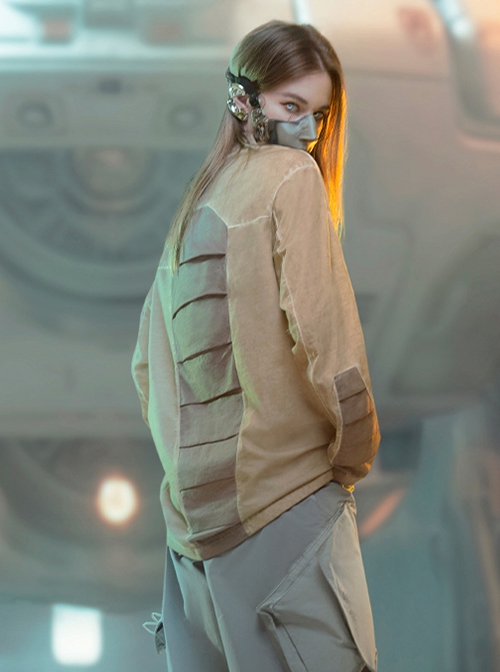 Autumn Space Collar Back Reflective Logo Three-Dimensional Tailoring Slim Fit Dyed Washed Cyberpunk Long Sleeves T-shirt
