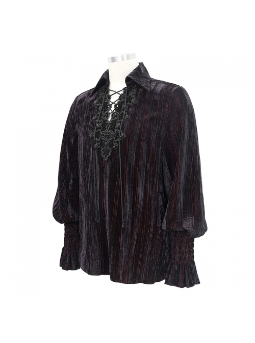Chest Lace Lace-Up Flower Spikes Lantern Long Sleeve Pleated Velvet Black Red Gothic Shirt