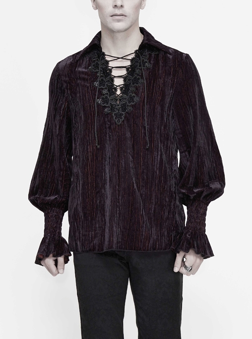 Chest Lace Lace-Up Flower Spikes Lantern Long Sleeve Pleated Velvet Black Red Gothic Shirt