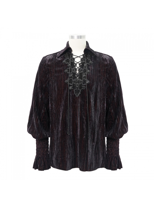 Chest Lace Lace-Up Flower Spikes Lantern Long Sleeve Pleated Velvet Black Red Gothic Shirt