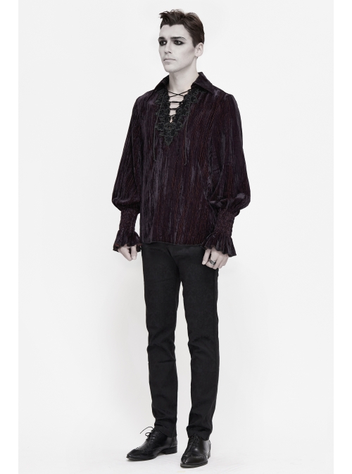 Chest Lace Lace-Up Flower Spikes Lantern Long Sleeve Pleated Velvet Black Red Gothic Shirt