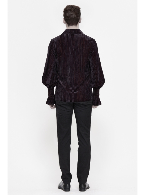 Chest Lace Lace-Up Flower Spikes Lantern Long Sleeve Pleated Velvet Black Red Gothic Shirt