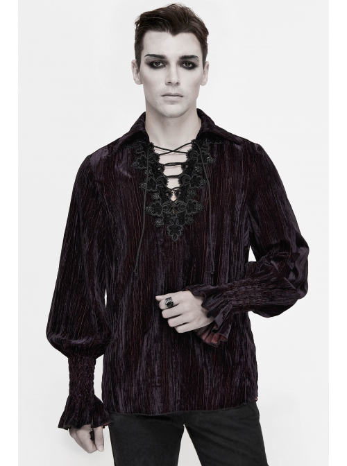 Chest Lace Lace-Up Flower Spikes Lantern Long Sleeve Pleated Velvet Black Red Gothic Shirt