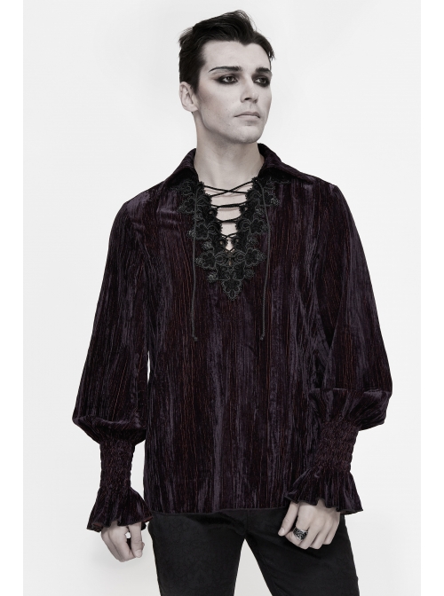 Chest Lace Lace-Up Flower Spikes Lantern Long Sleeve Pleated Velvet Black Red Gothic Shirt