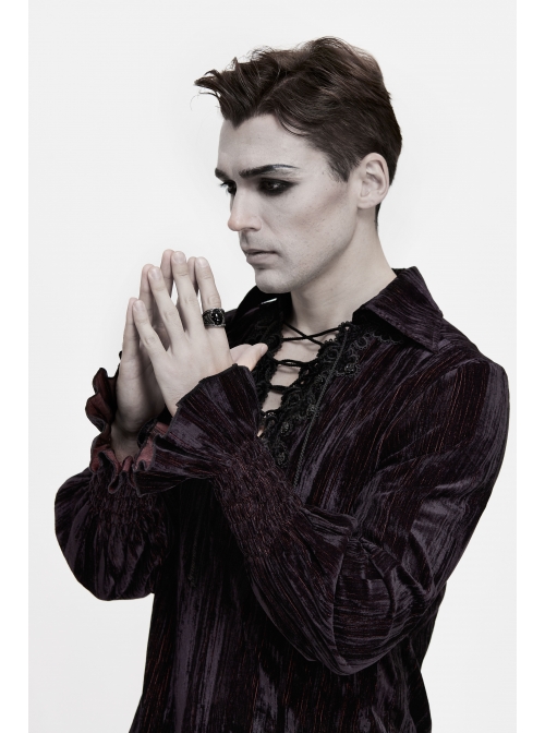 Chest Lace Lace-Up Flower Spikes Lantern Long Sleeve Pleated Velvet Black Red Gothic Shirt