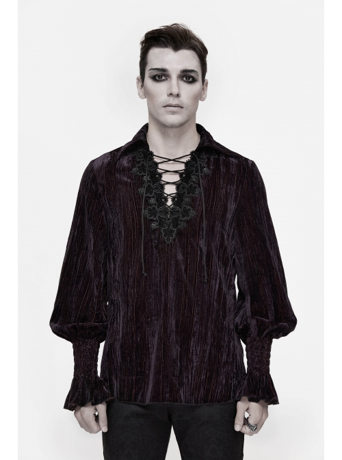 Chest Lace Lace-Up Flower Spikes Lantern Long Sleeve Pleated Velvet Black Red Gothic Shirt