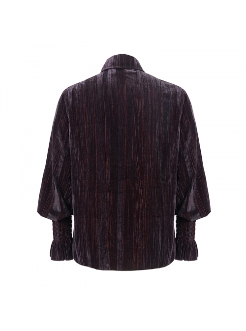 Chest Lace Lace-Up Flower Spikes Lantern Long Sleeve Pleated Velvet Black Red Gothic Shirt