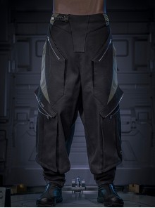 Shadow Black Stitching Design Loose Extended Trouser Legs Multi-Pockets Cyberpunk Workwear Functional Trousers