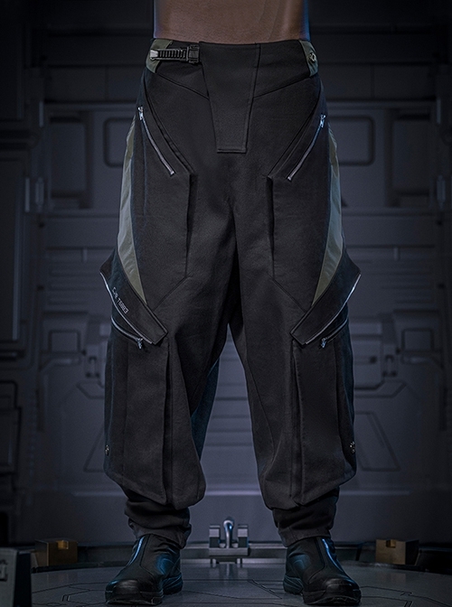 Shadow Black Stitching Design Loose Extended Trouser Legs Multi-Pockets Cyberpunk Workwear Functional Trousers