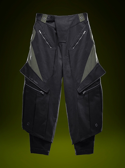 Shadow Black Stitching Design Loose Extended Trouser Legs Multi-Pockets Cyberpunk Workwear Functional Trousers