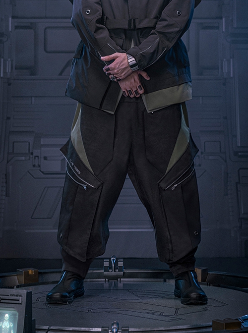 Shadow Black Stitching Design Loose Extended Trouser Legs Multi-Pockets Cyberpunk Workwear Functional Trousers
