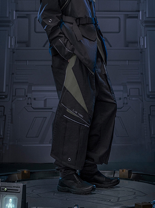 Shadow Black Stitching Design Loose Extended Trouser Legs Multi-Pockets Cyberpunk Workwear Functional Trousers