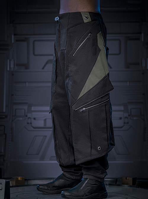 Shadow Black Stitching Design Loose Extended Trouser Legs Multi-Pockets Cyberpunk Workwear Functional Trousers