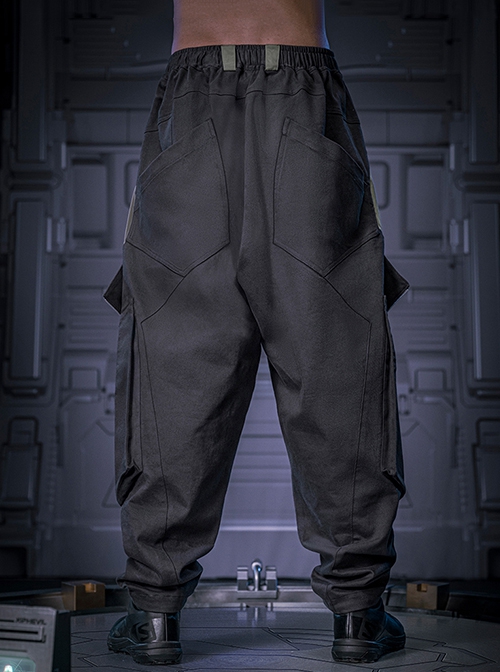 Shadow Black Stitching Design Loose Extended Trouser Legs Multi-Pockets Cyberpunk Workwear Functional Trousers