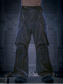 Dark Blue Gold Velvet Street Washed Cotton Loose Wide-Leg Pants Thickened Flocking Cyberpunk Denim Trousers