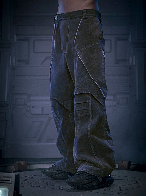 Dark Blue Gold Velvet Street Washed Cotton Loose Wide-Leg Pants Thickened Flocking Cyberpunk Denim Trousers