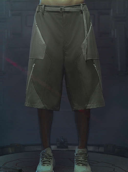 Sand Owl Series Summer Functional Style Gray Green Color Matching Loose Multi-Pocket Street Cyberpunk Casual Suit Short Pants
