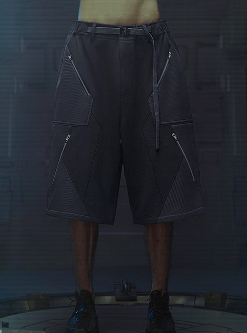 Raven Series Shadow Blue Summer Functional Style Splicing Mesh Fabric Loose Street Cyberpunk Suit Short Pants