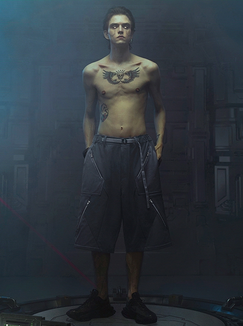 Raven Series Shadow Blue Summer Functional Style Splicing Mesh Fabric Loose Street Cyberpunk Suit Short Pants