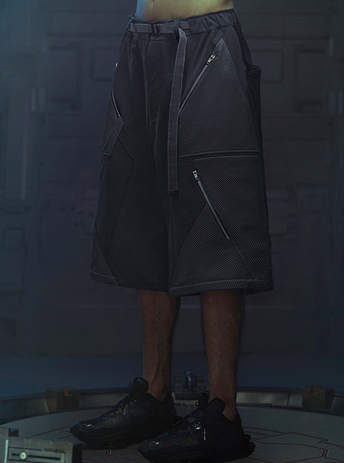 Raven Series Shadow Blue Summer Functional Style Splicing Mesh Fabric Loose Street Cyberpunk Suit Short Pants