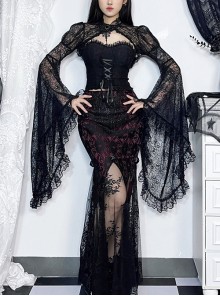 Sexy Retro Black Dark Witch Style Exquisite Lace Gothic Style Long Trumpet Sleeves Shawl