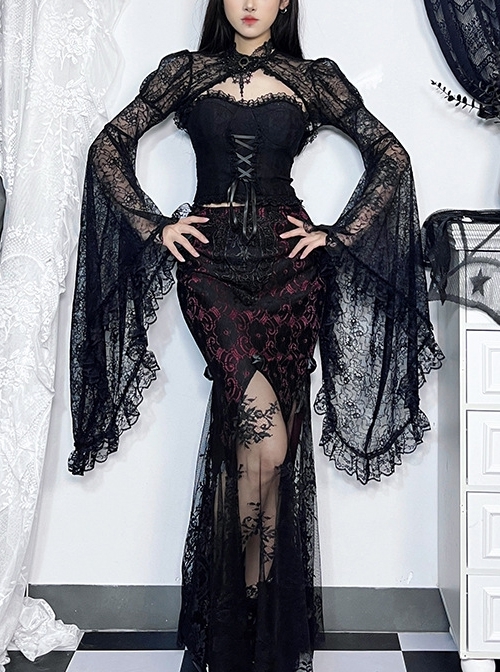 Sexy Retro Black Dark Witch Style Exquisite Lace Gothic Style Long Trumpet Sleeves Shawl