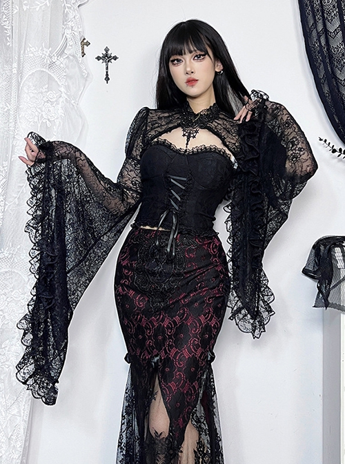 Sexy Retro Black Dark Witch Style Exquisite Lace Gothic Style Long Trumpet Sleeves Shawl