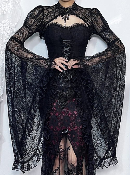 Sexy Retro Black Dark Witch Style Exquisite Lace Gothic Style Long Trumpet Sleeves Shawl