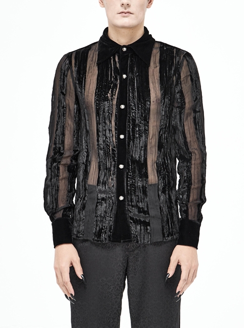 Mushroom Metal Buckles Long Sleeve Irregular Striped Velvet Fold Black Gothic Shirt