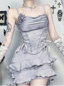 Sexy Elegant Silver Lace Splicing Exquisite Jacquard Dark Pattern Gothic Style Slim Camisole Vest