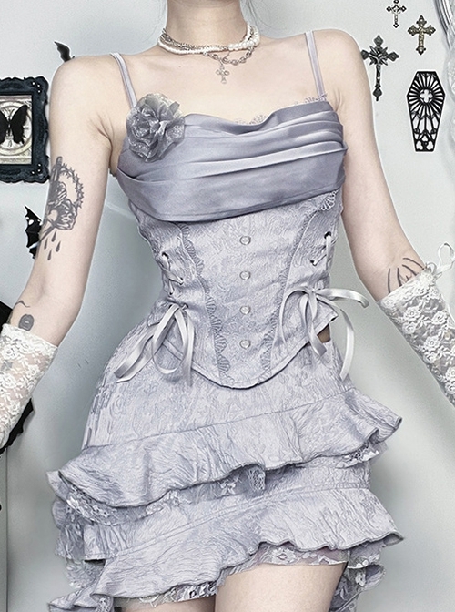 Sexy Elegant Silver Lace Splicing Exquisite Jacquard Dark Pattern Gothic Style Slim Camisole Vest