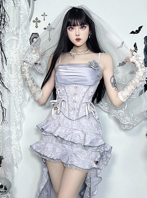 Sexy Elegant Silver Lace Splicing Exquisite Jacquard Dark Pattern Gothic Style Slim Camisole Vest