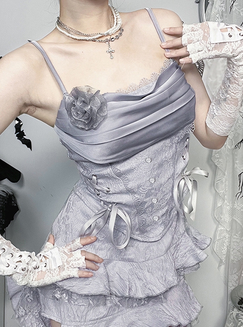 Sexy Elegant Silver Lace Splicing Exquisite Jacquard Dark Pattern Gothic Style Slim Camisole Vest