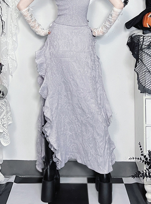 Sexy Elegant Silver Exquisite Jacquard Dark Pattern Gothic Style Irregular Hem Daily Versatile Skirt