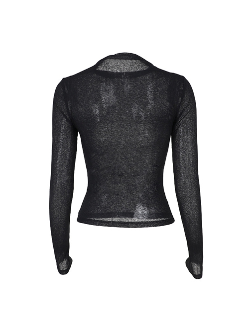 Sexy Slightly Transparent Black Knitted Exquisite Shiny Spider Web Pattern Gothic Style Long Sleeves Top