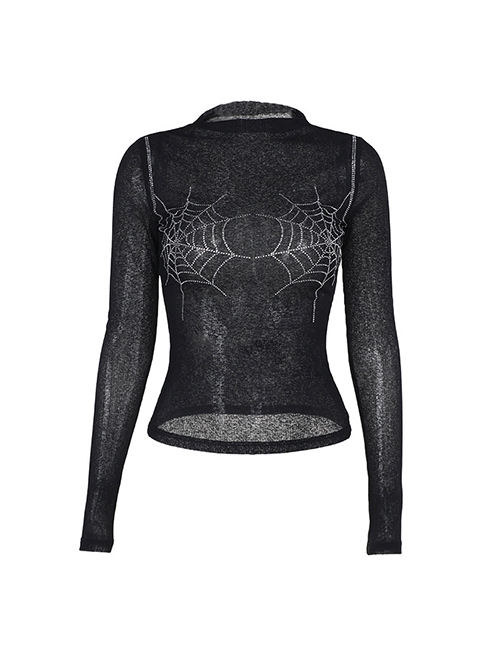 Sexy Slightly Transparent Black Knitted Exquisite Shiny Spider Web Pattern Gothic Style Long Sleeves Top