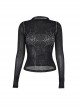 Sexy Slightly Transparent Black Knitted Exquisite Shiny Spider Web Pattern Gothic Style Long Sleeves Top