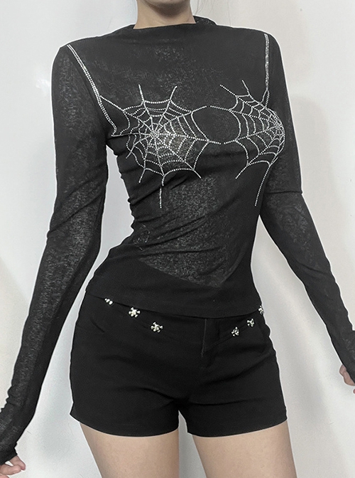 Sexy Slightly Transparent Black Knitted Exquisite Shiny Spider Web Pattern Gothic Style Long Sleeves Top