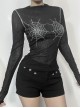 Sexy Slightly Transparent Black Knitted Exquisite Shiny Spider Web Pattern Gothic Style Long Sleeves Top