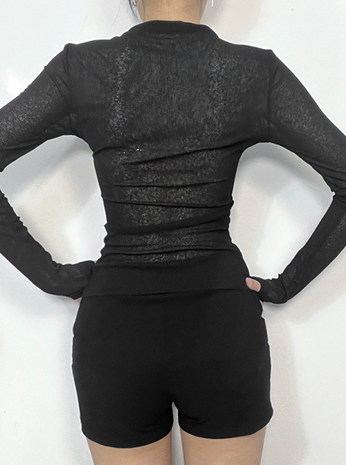 Sexy Slightly Transparent Black Knitted Exquisite Shiny Spider Web Pattern Gothic Style Long Sleeves Top