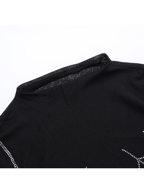 Sexy Slightly Transparent Black Knitted Exquisite Shiny Spider Web Pattern Gothic Style Long Sleeves Top