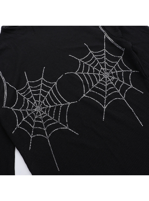 Sexy Slightly Transparent Black Knitted Exquisite Shiny Spider Web Pattern Gothic Style Long Sleeves Top