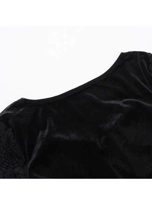 Elegant Sexy Black Velvet Slit Spider Web Lace Splicing Gothic Style Long Trumpet Sleeves Dress