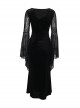 Elegant Sexy Black Velvet Slit Spider Web Lace Splicing Gothic Style Long Trumpet Sleeves Dress