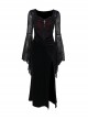 Elegant Sexy Black Velvet Slit Spider Web Lace Splicing Gothic Style Long Trumpet Sleeves Dress